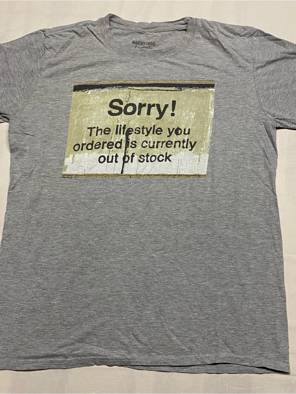 Backstage Supply Gray Graphic Tee with 'Sorry!' Print